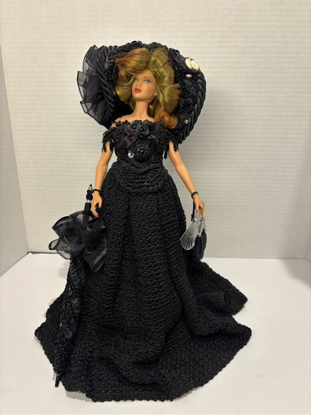 JAKKS Pacific Barbie Style Doll Hand Crochet Black Gown Hat Boots Purse Parasol
